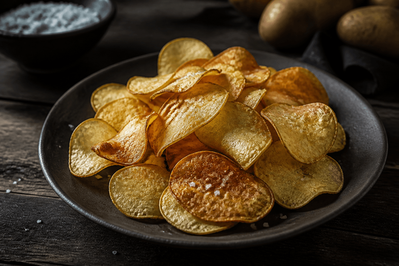 Hjemmelavede sprøde kartoffelchips med flagesalt