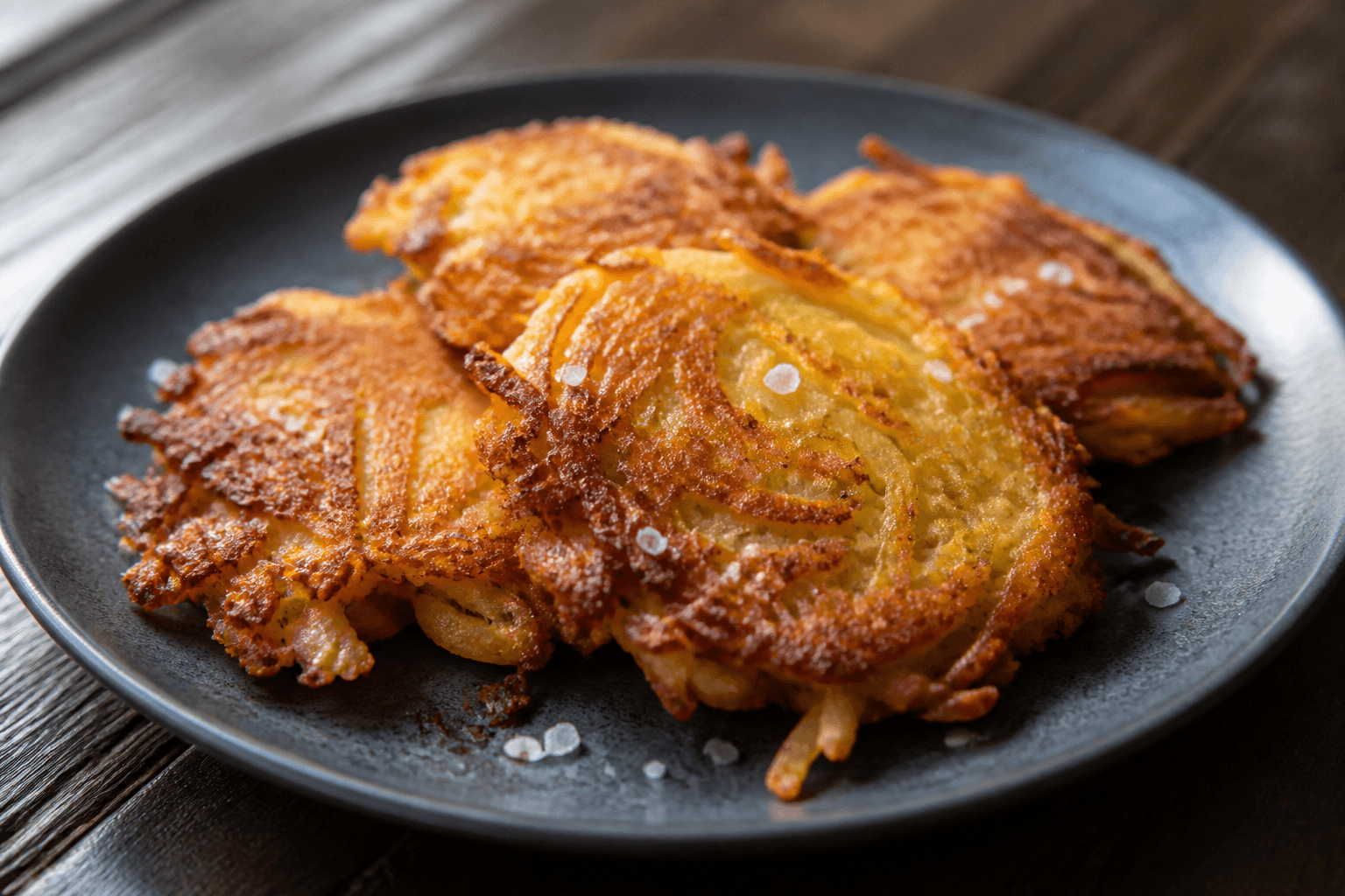 Sprøde kartoffelrösti / hash browns med groft salt
