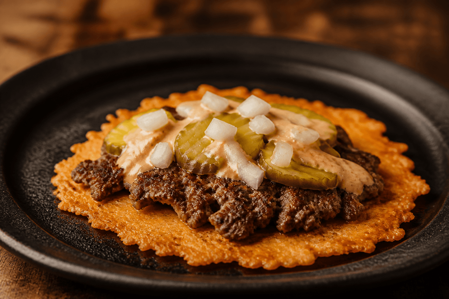 Keto smash burger taco med sprød osteskal, kød og pickles