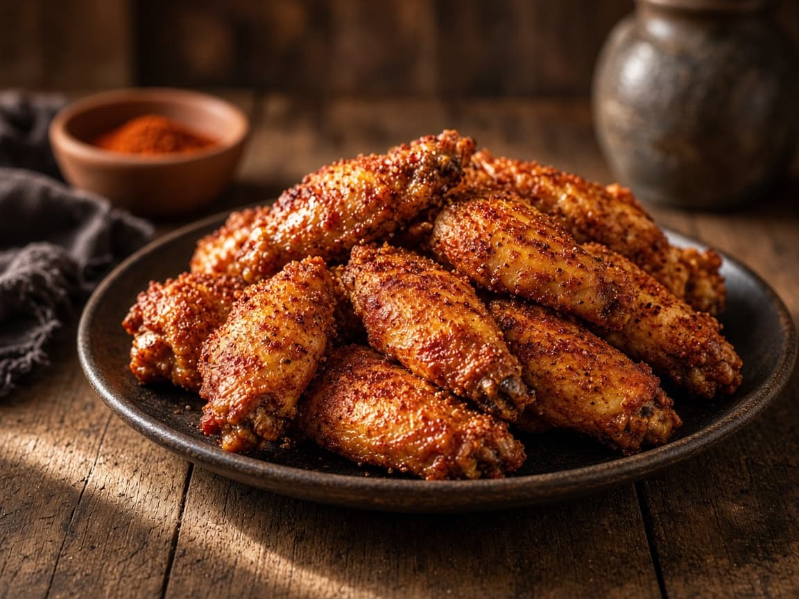 Gyldne kyllingevinger med paprika og salt på et mørkt fad