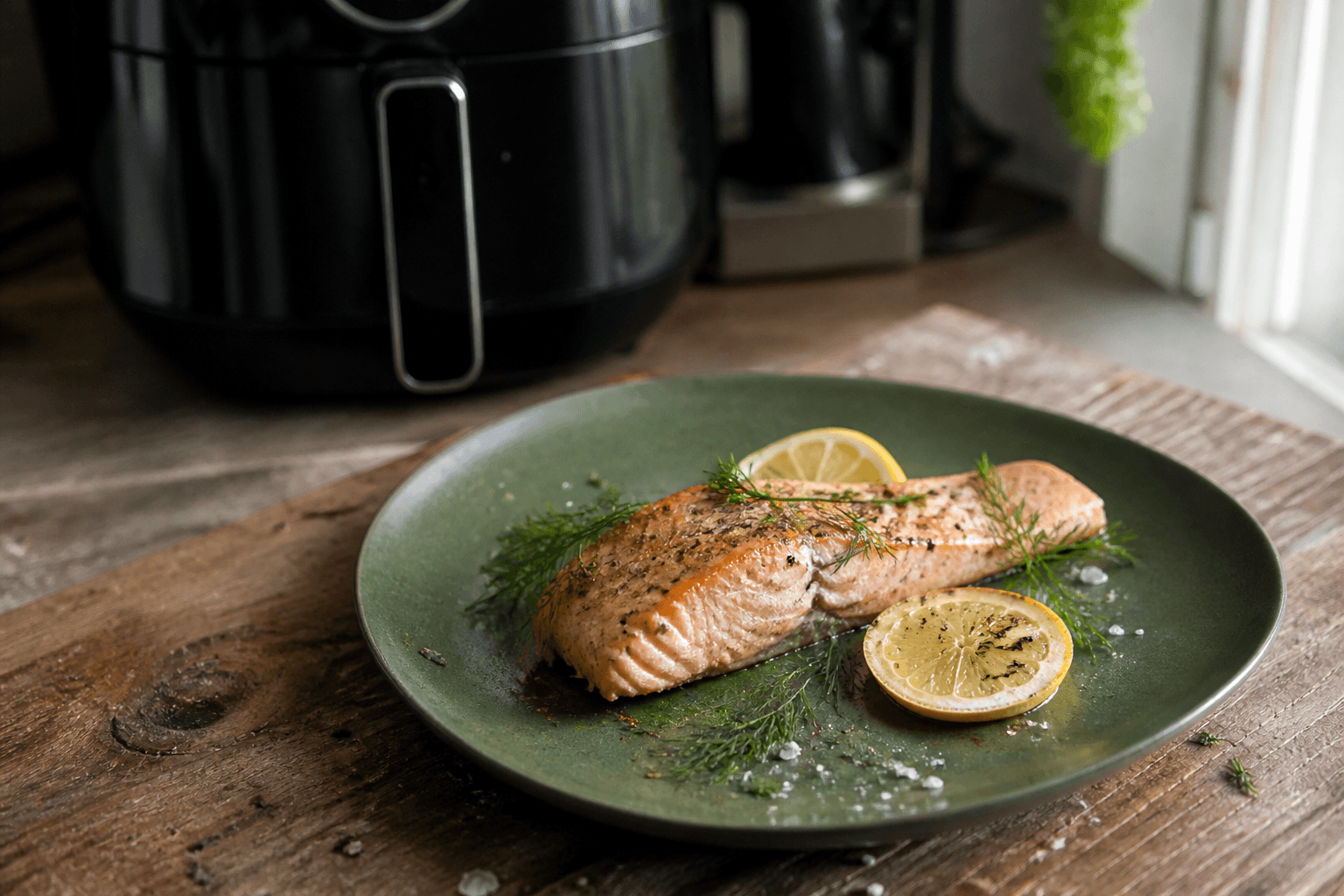 Laks med citron og dild på mørkegrøn tallerken med airfryer i baggrunden