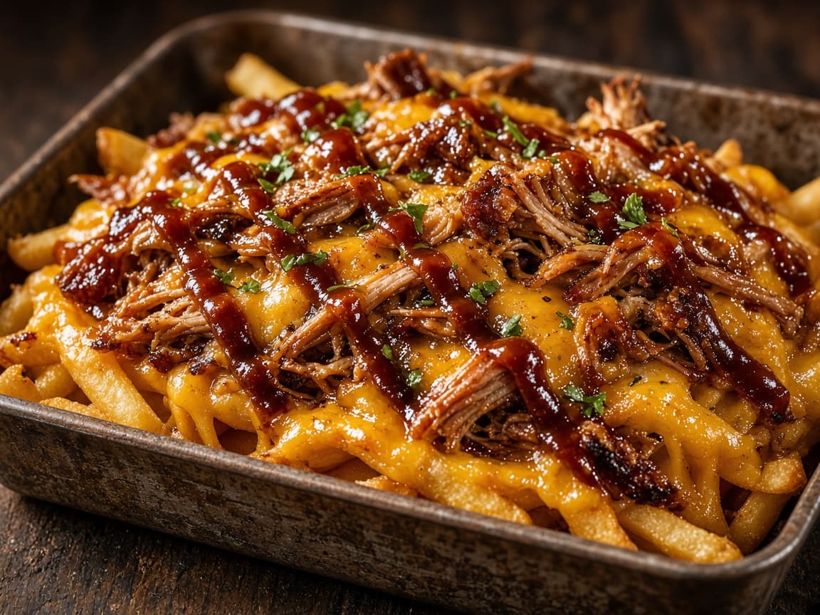 Loaded grovfritter med pulled pork, BBQ-sauce og smeltet ost