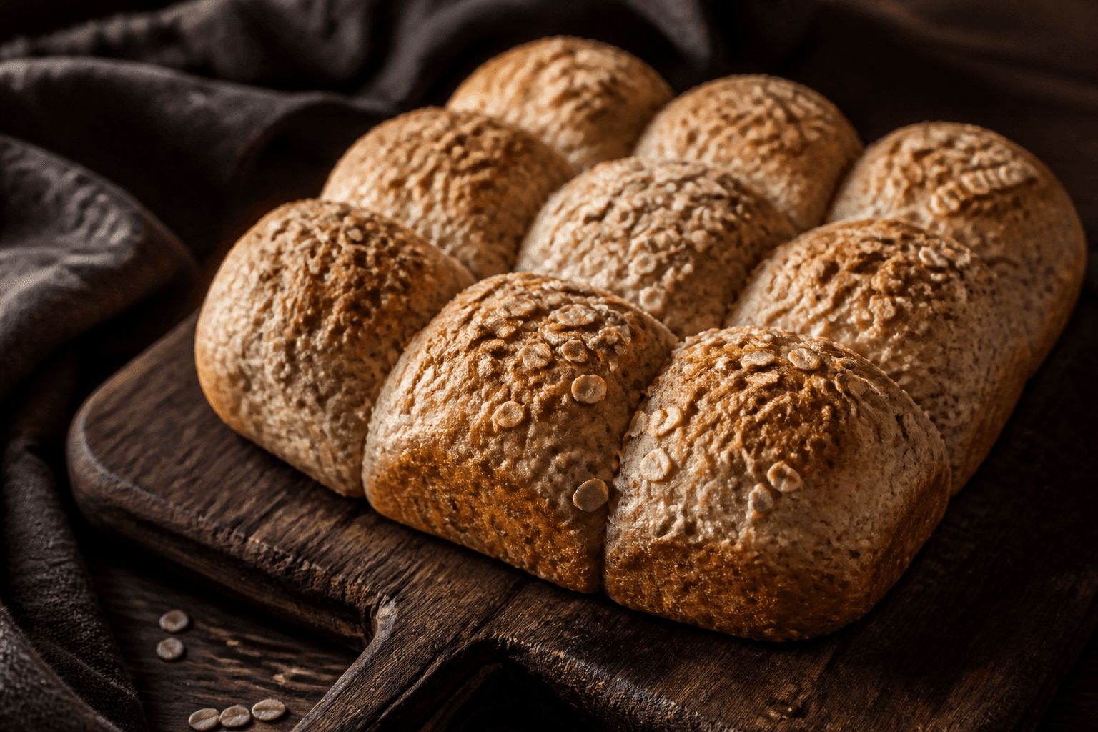 Glutenfrie lyseklynge-boller med havremel på mørkt træbræt
