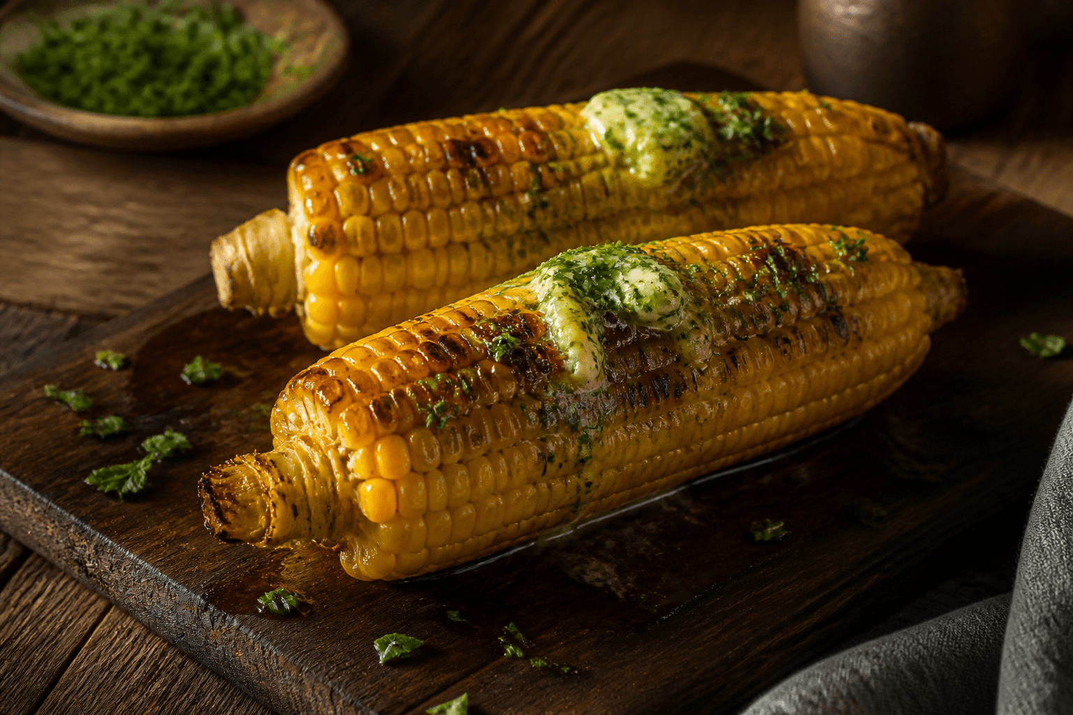 Airfryer-grillet majskolbe med urtesmør på mørkt træfad