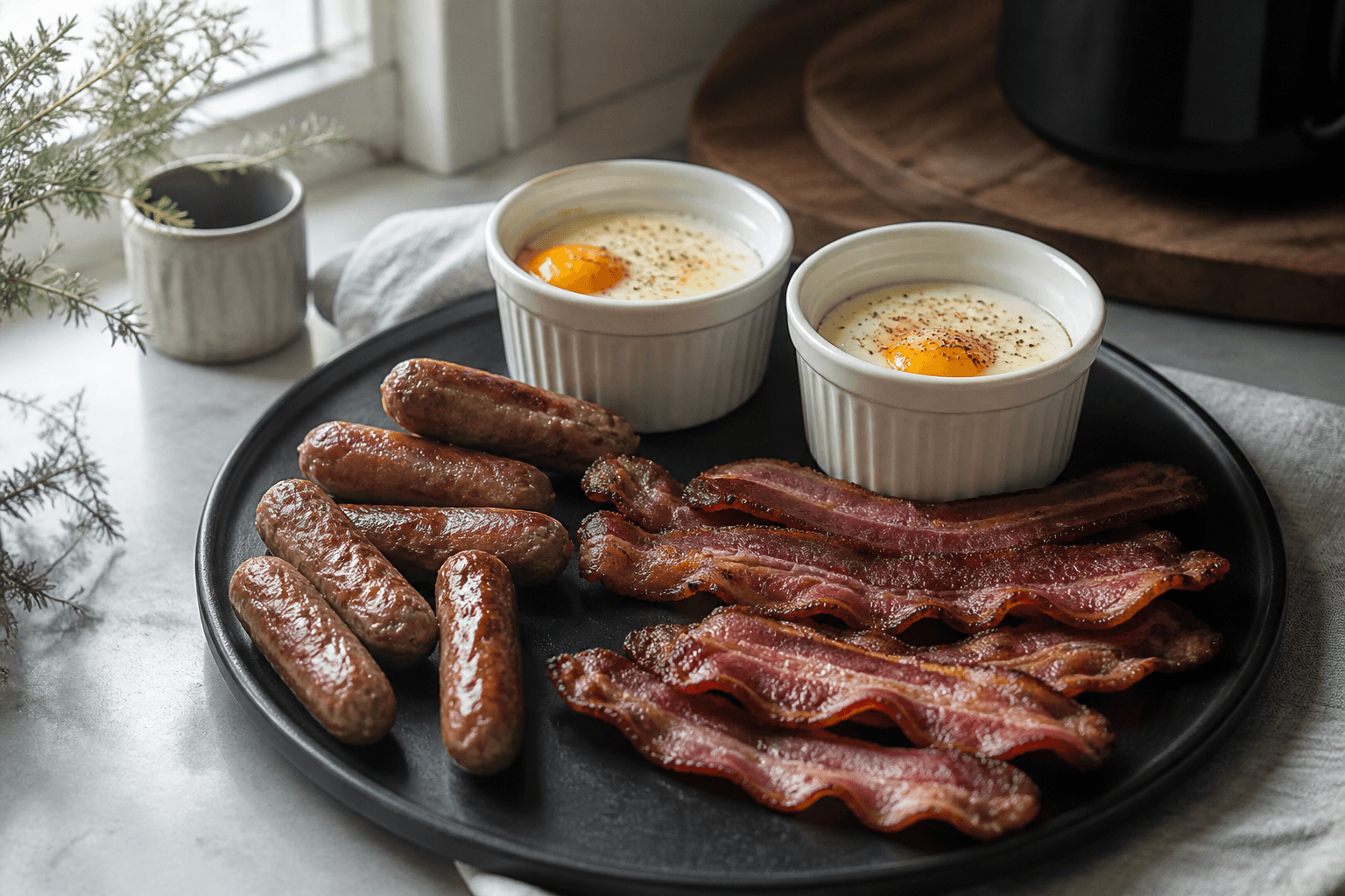 Morgencomplet med bacon, brunchpølser og æg