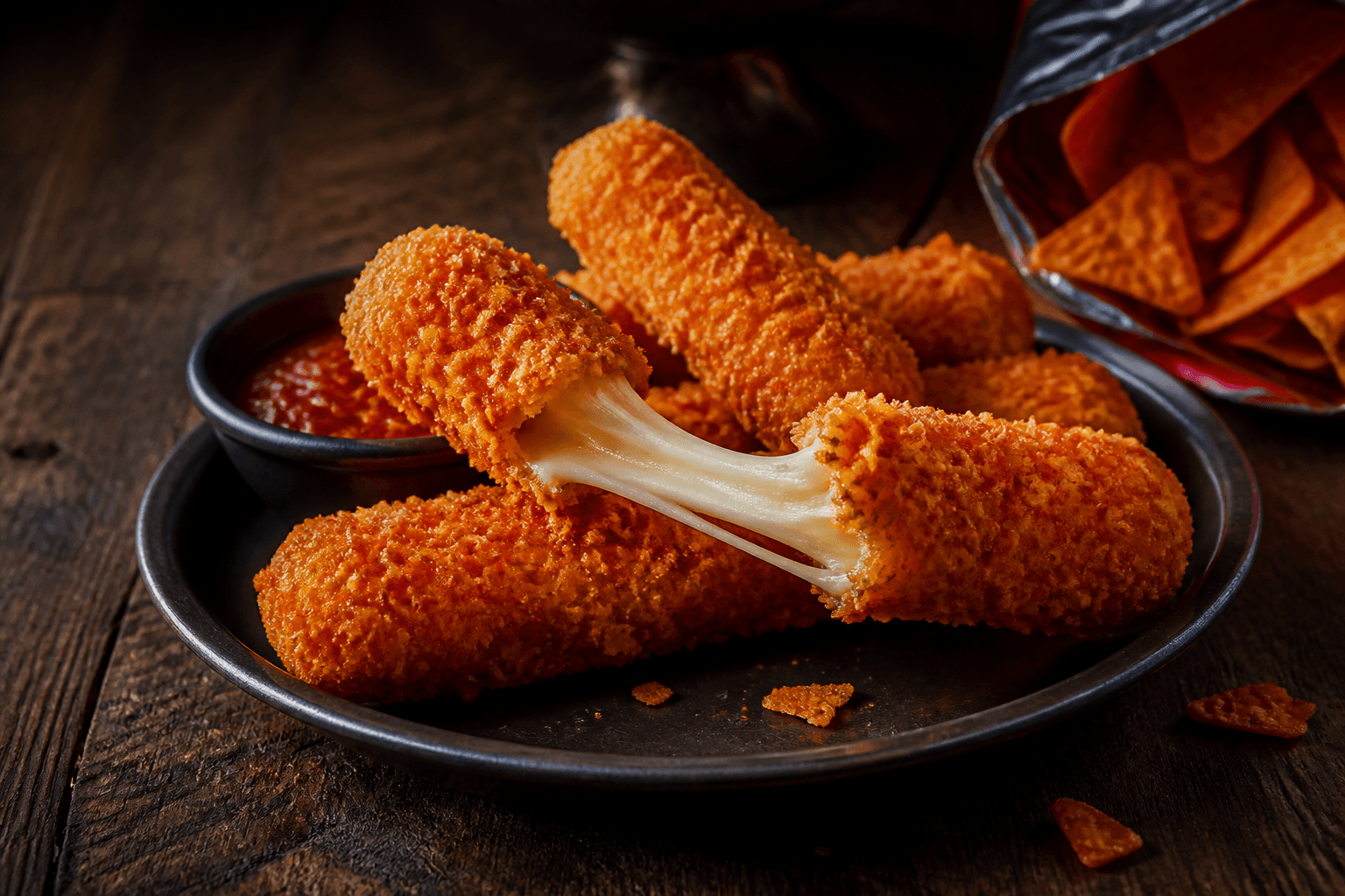 Sprøde Doritos-panerede mozzarellasticks med smeltet ostetråd på mørk tallerken
