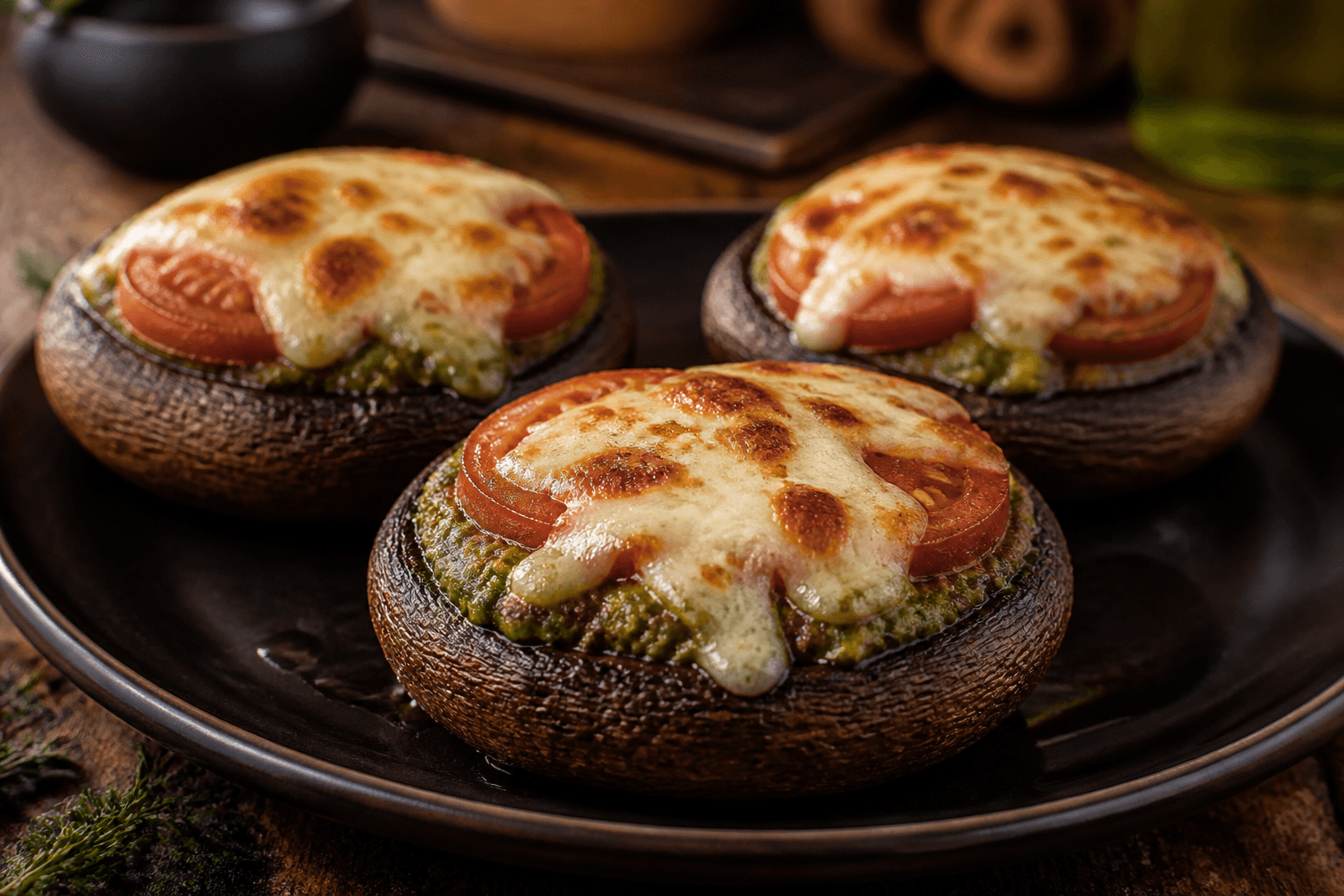 Portobellosvampe fyldt med pesto, tomat og smeltet mozzarella