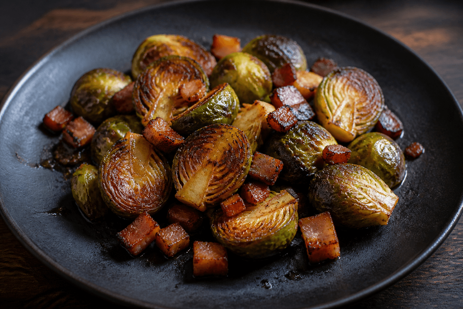 Sprøde halverede rosenkål med bacontern på mørk tallerken