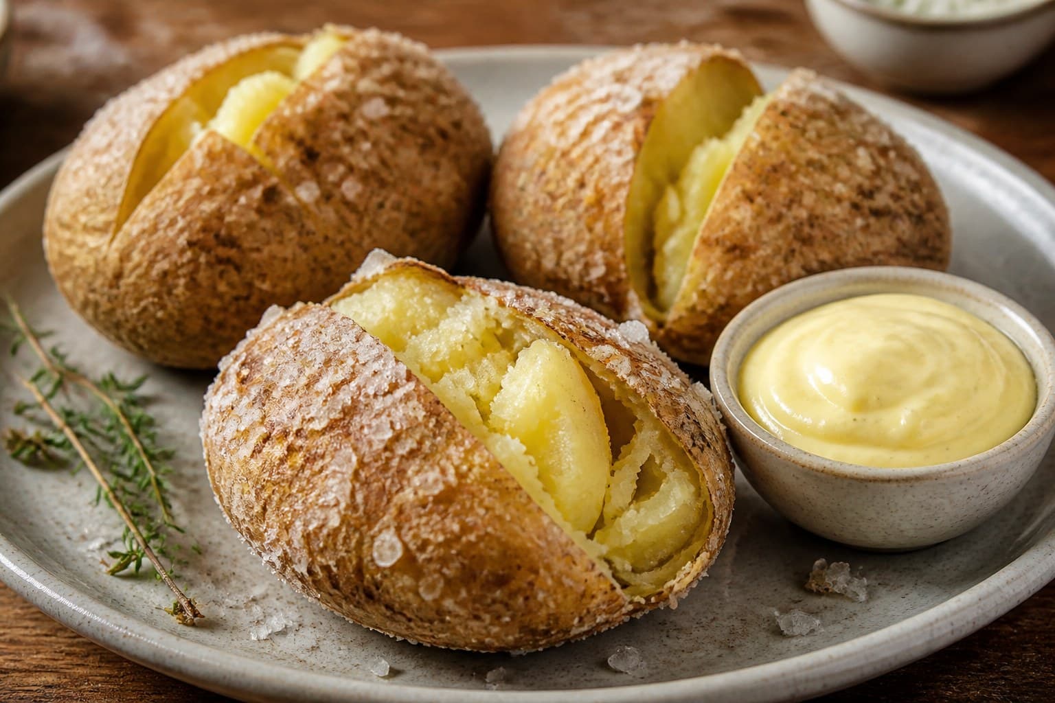 Saltbagte kartofler med groft salt og skål aioli