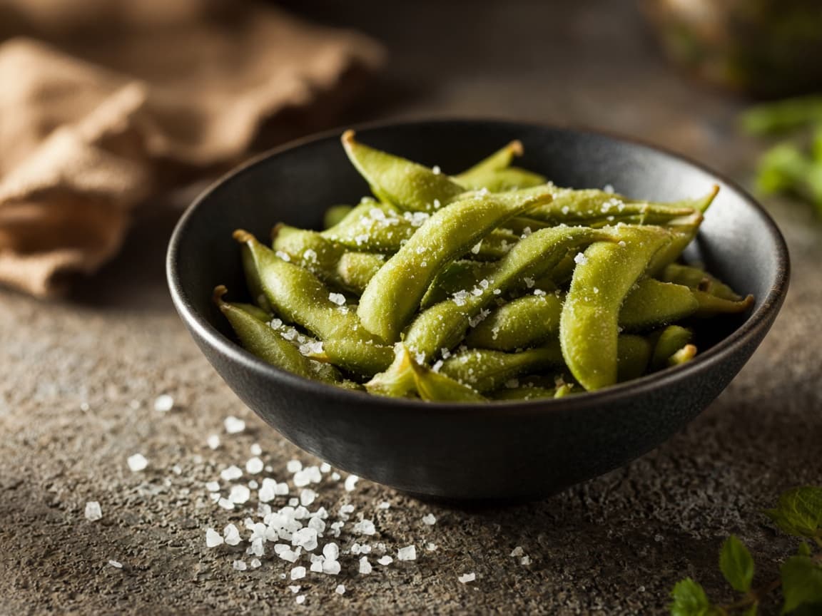 Saltede edamame i bælge i en skål med groft salt
