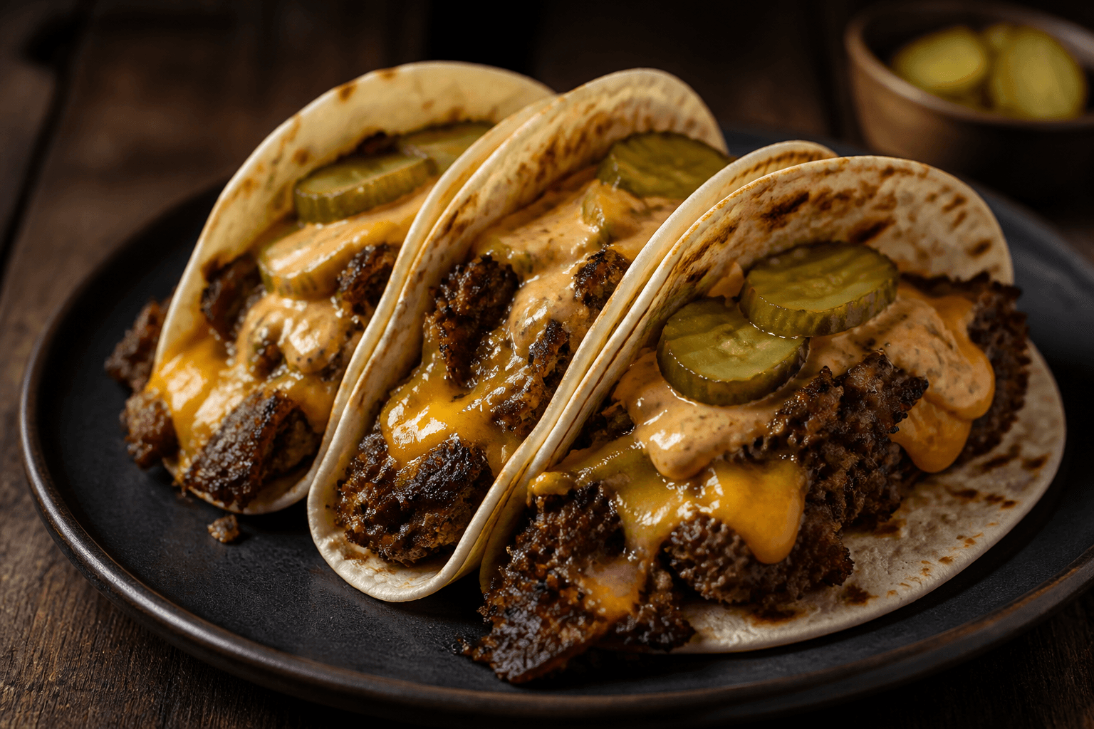 Smash burger tacos med smeltet ost, pickles og sauce på mørk tallerken