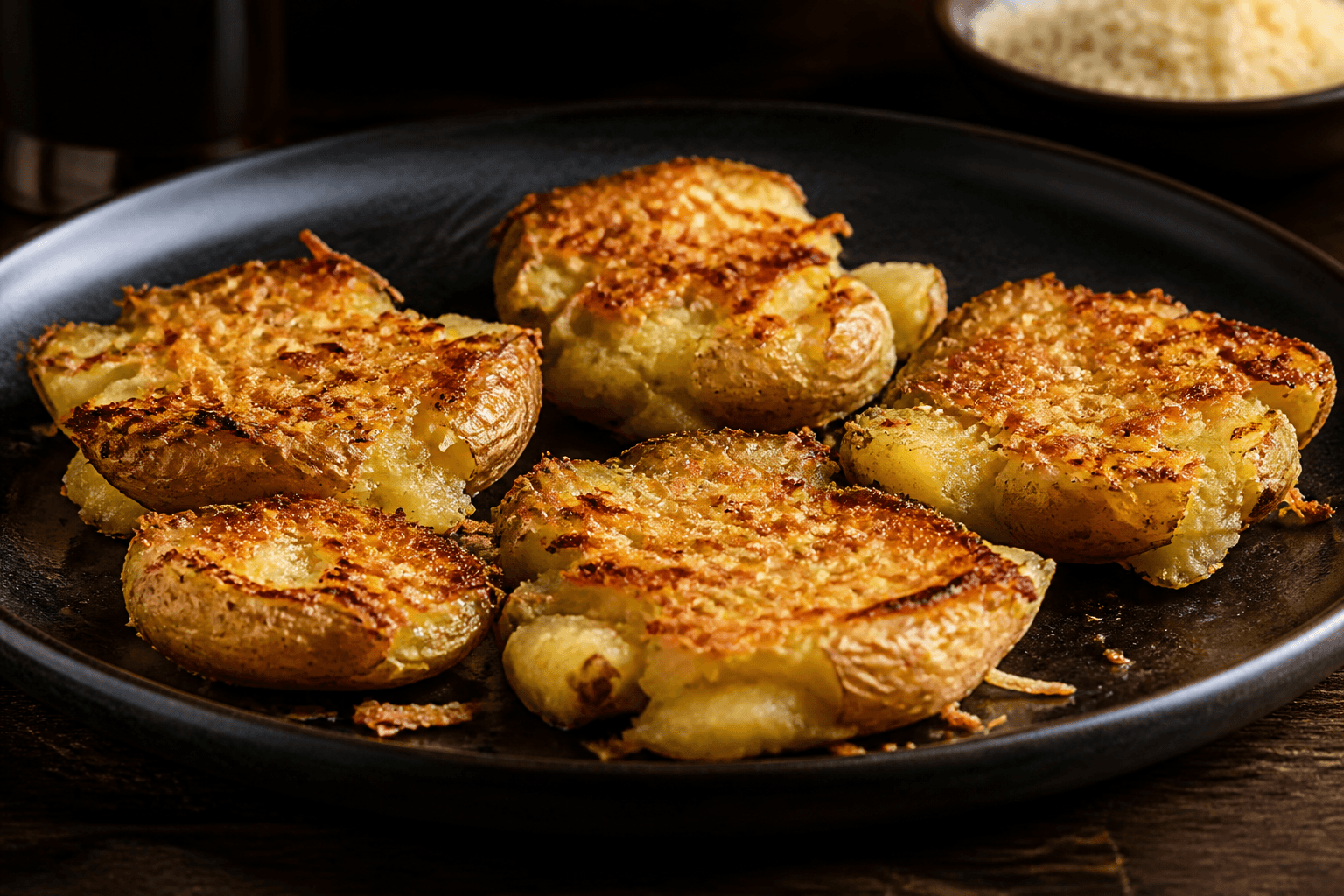 Smashed potatoes med sprød parmesanskorpe på mørk tallerken