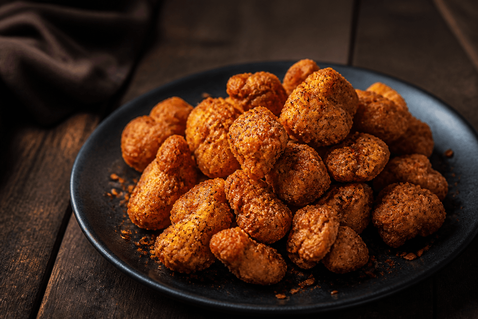 Spicy popcorn chicken-bidder på mørk tallerken