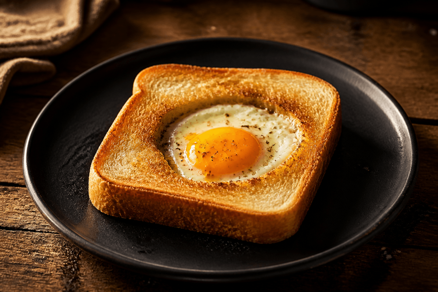 Sprød toast med æg i midten på mørk tallerken