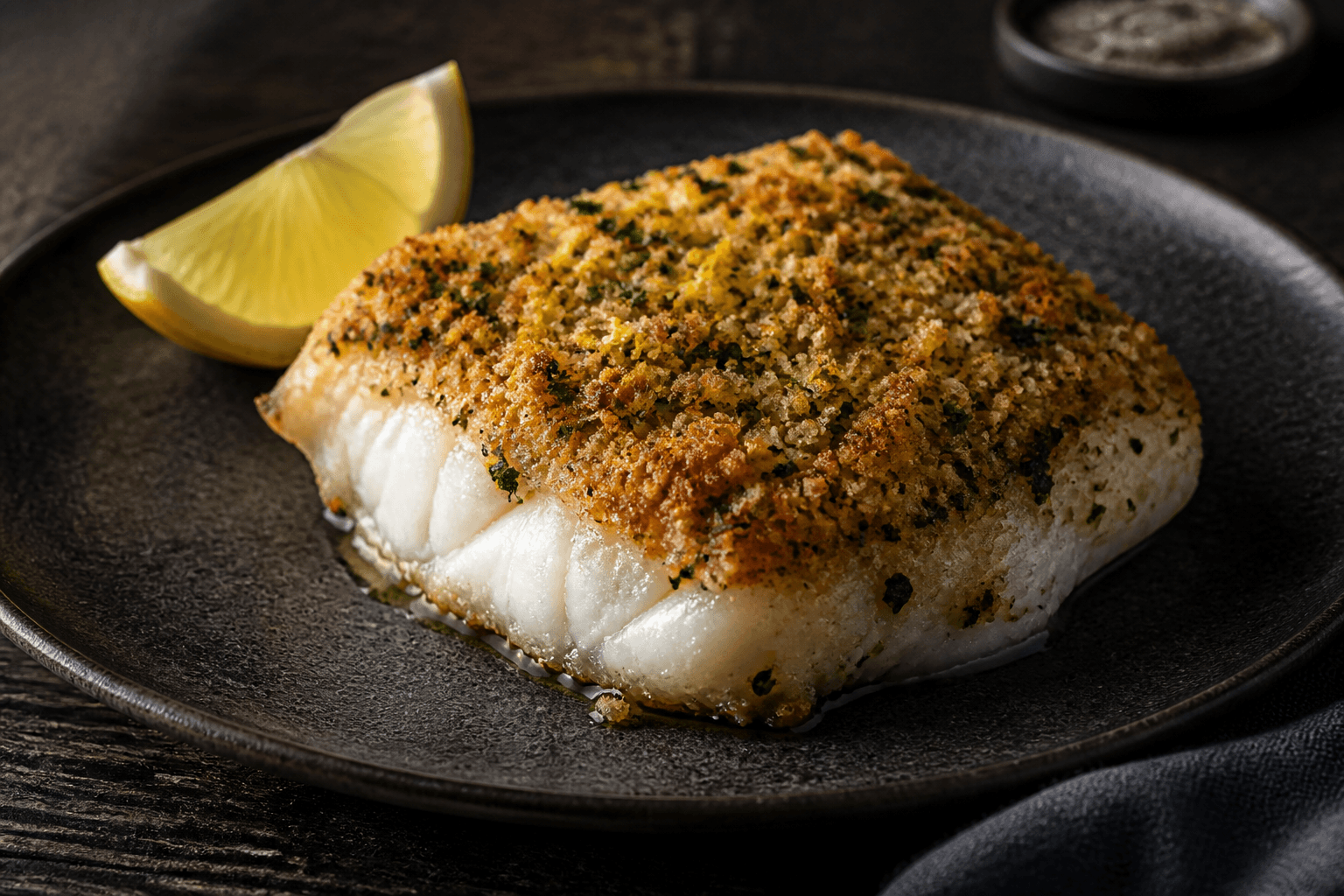 Torskefilet med gylden urtekruste og citron