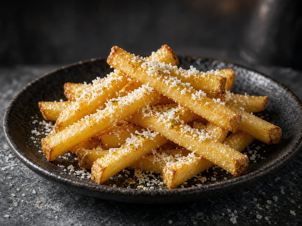 Grovfritter med trøffelolie, parmesan og flagesalt