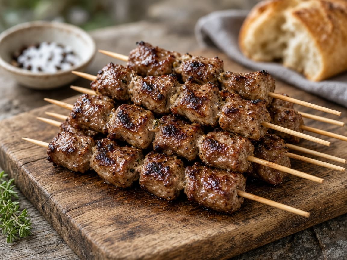 Små arrosticini-grillspyd med lam på fad
