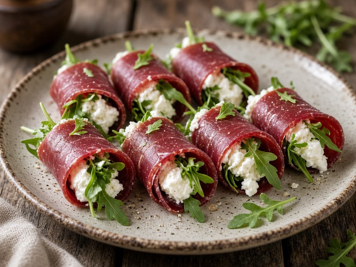 Bresaola-ruller fyldt med gedeost og rucola