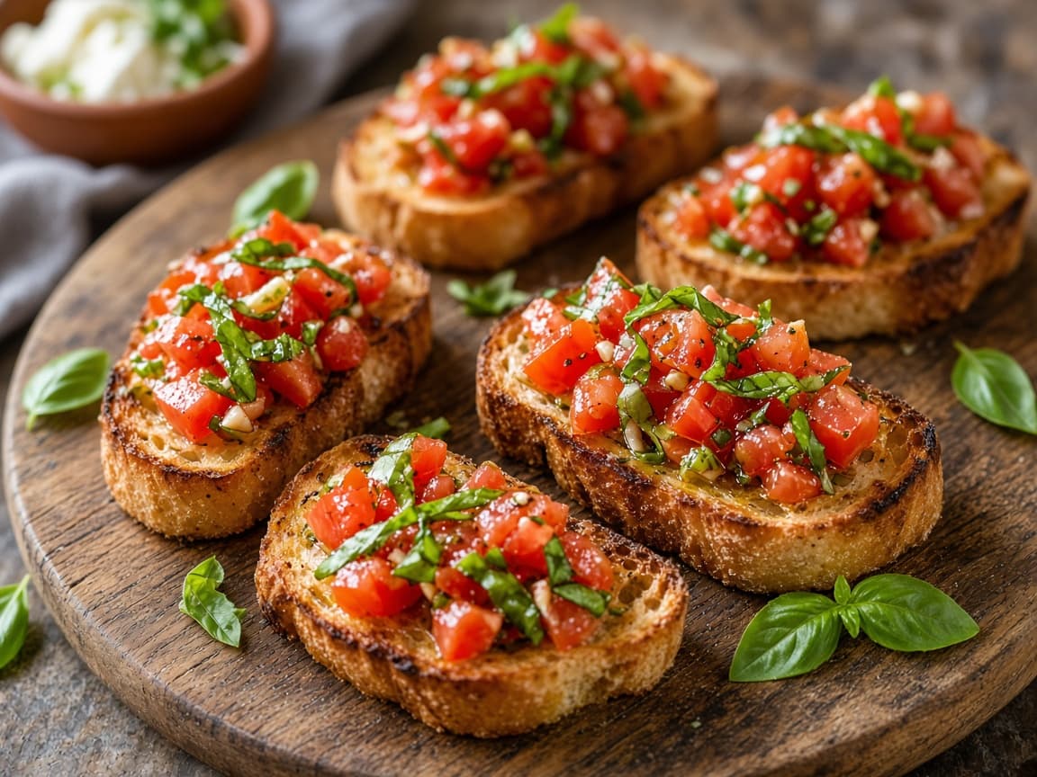 Bruschetta med hakkede tomater, hvidløg og basilikum