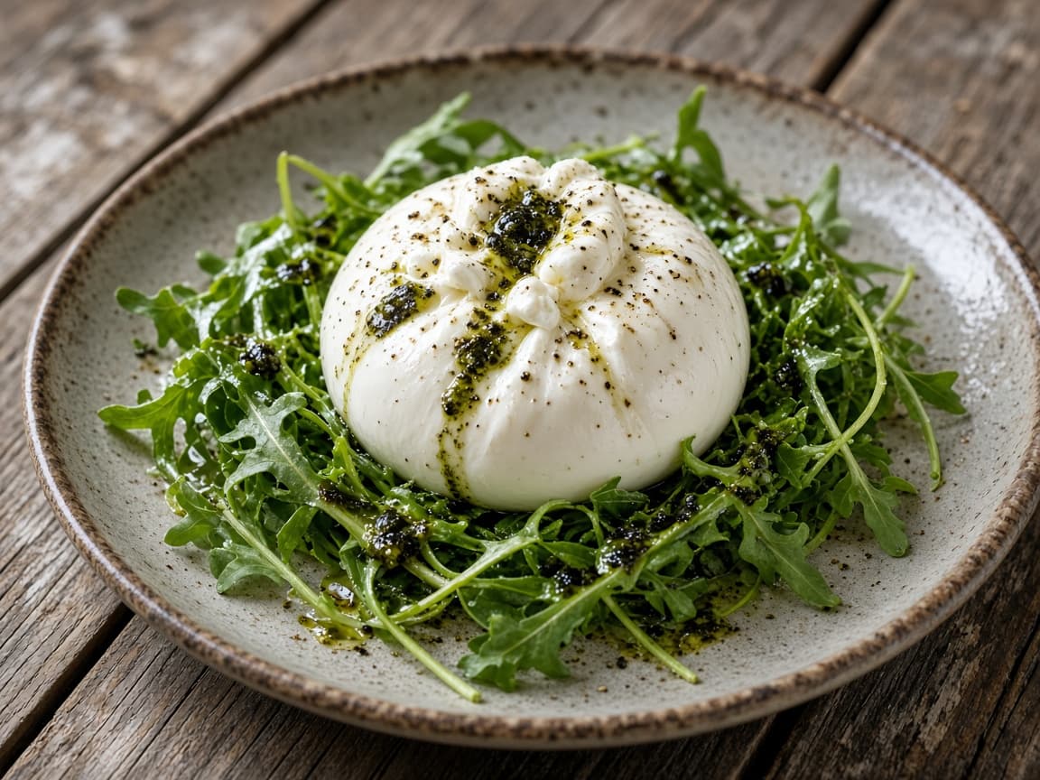 Hel burrata på rucola dryppet med trøffelolie
