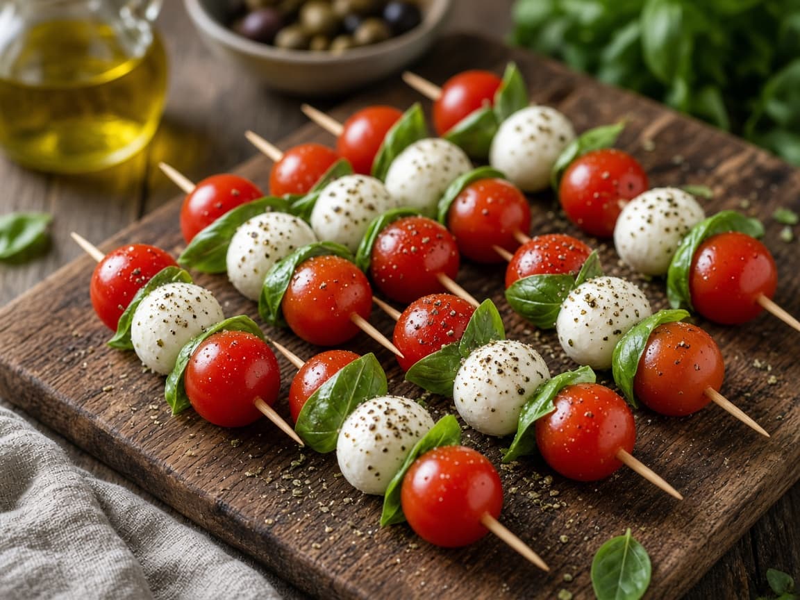 Caprese-spyd med mozzarella, cherrytomat og basilikum