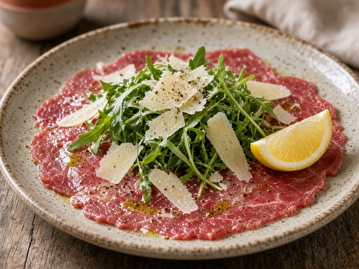 Tyndtskåret oksemørbrad-carpaccio med rucola og parmesan