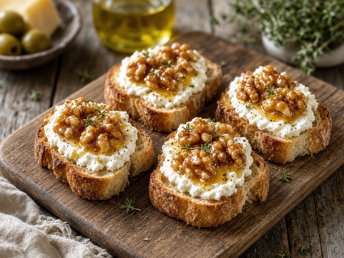 Crostini med ricotta, honningbagte valnødder og honning