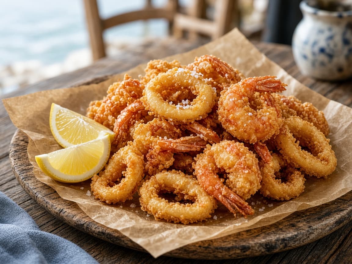 Sprød fritto misto med blæksprutteringe og rejer