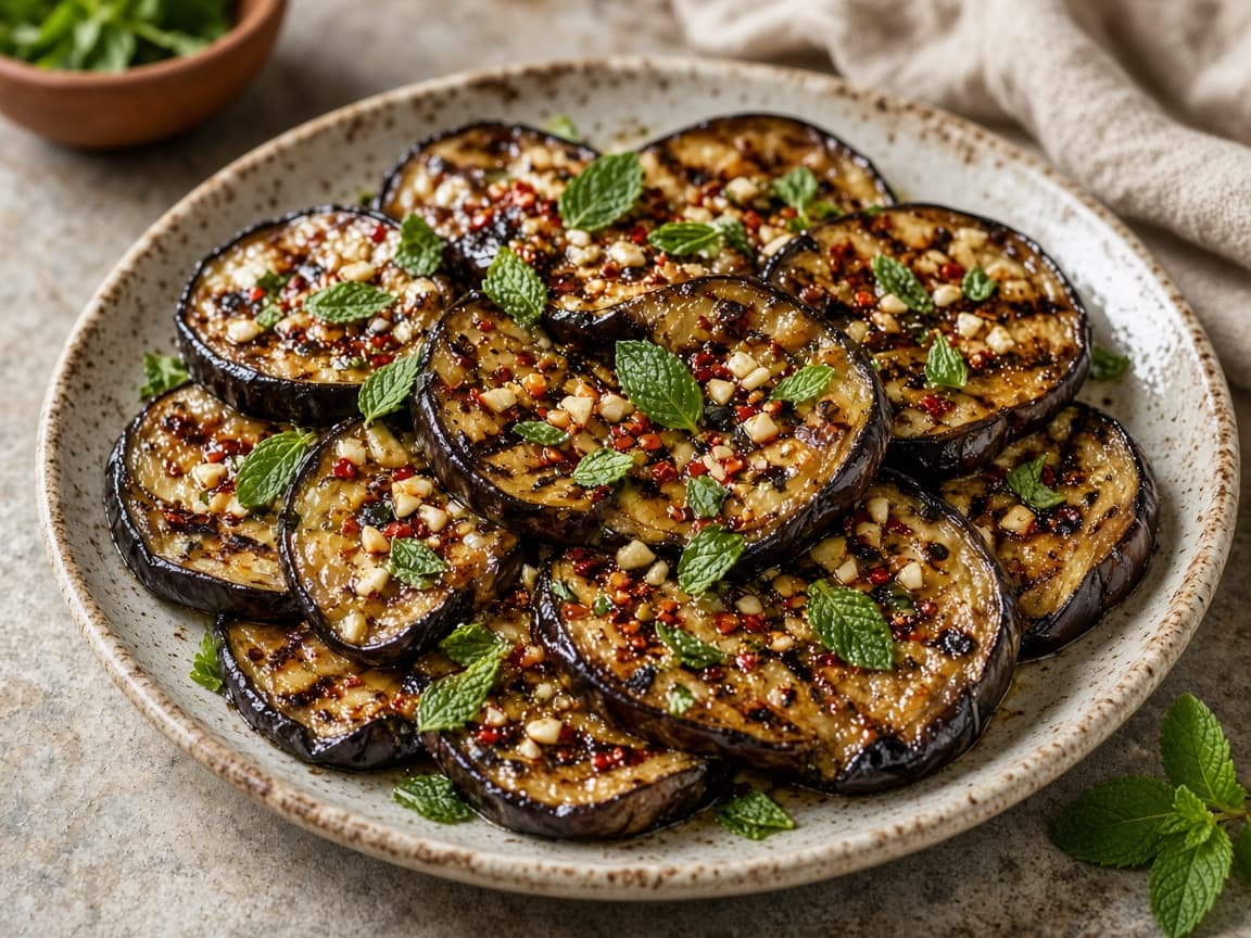 Grillede aubergineskiver med mynte, hvidløg og chili