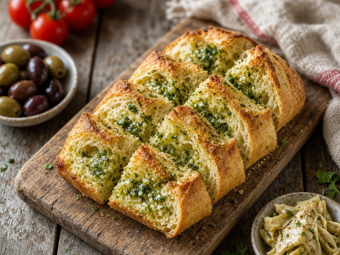 Sprødt hvidløgsbrød med urtesmør og persille