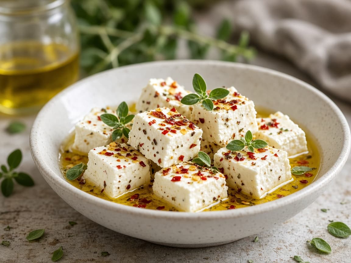 Feta-tern i olivenolie med chili og oregano