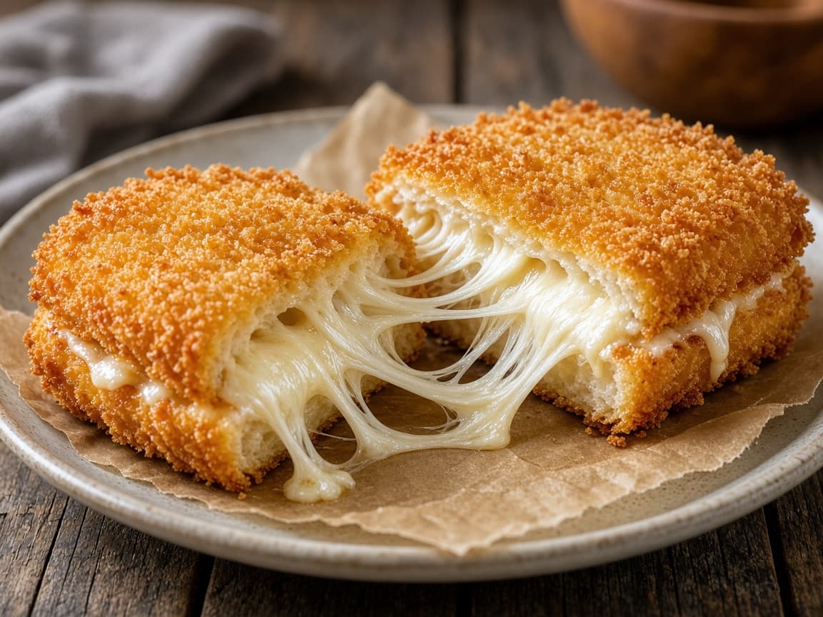 Sprøde friterede mozzarella in carrozza skåret over med smeltet ost