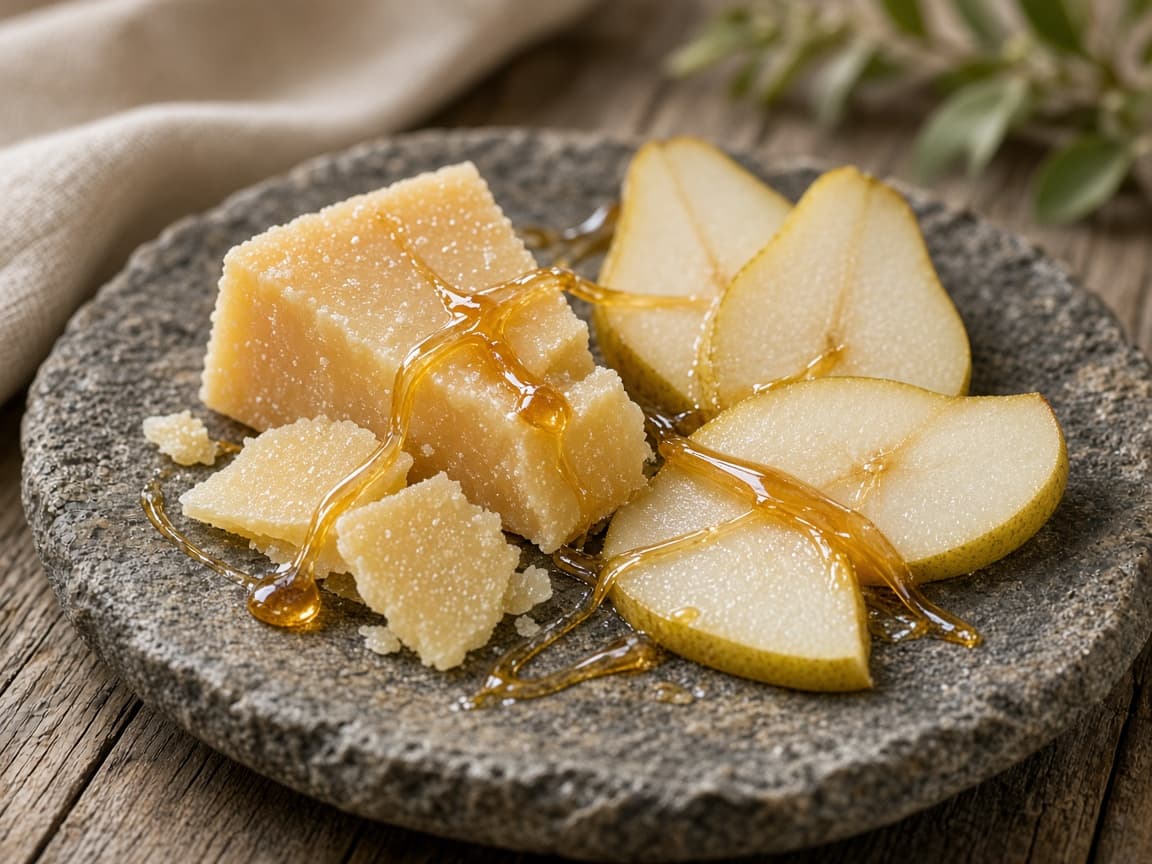 Pecorino-skiver med kastanjehonning og friske pæreskiver