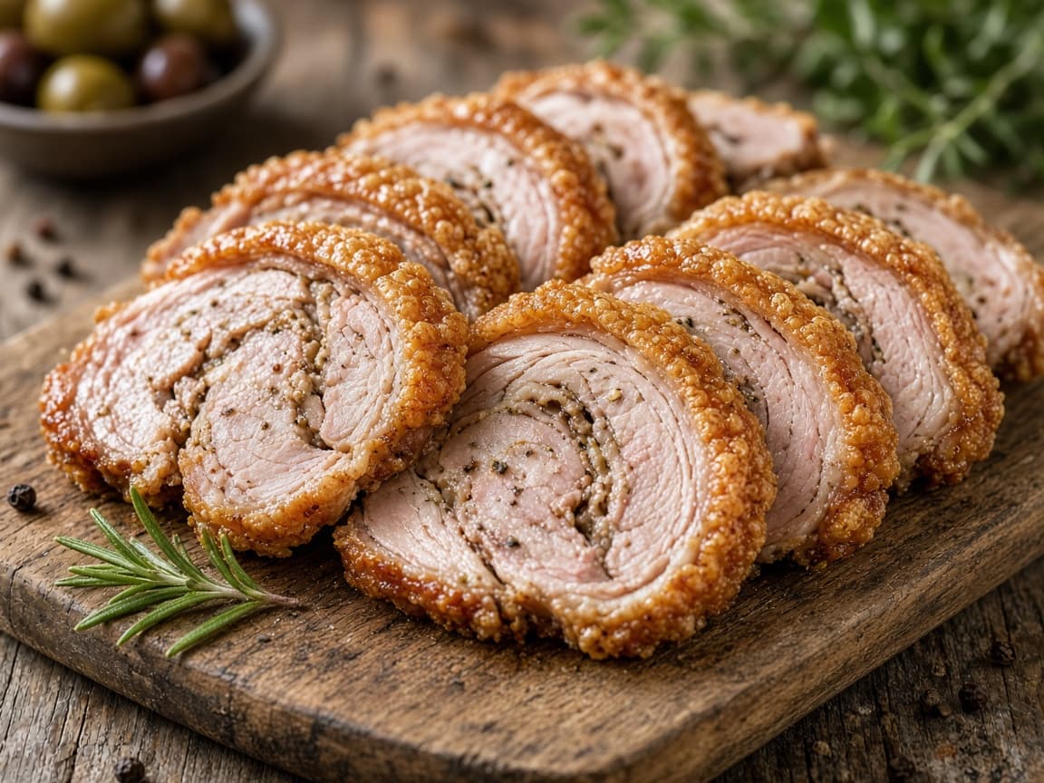 Tynde kolde porchetta-skiver med urter og sprød svær