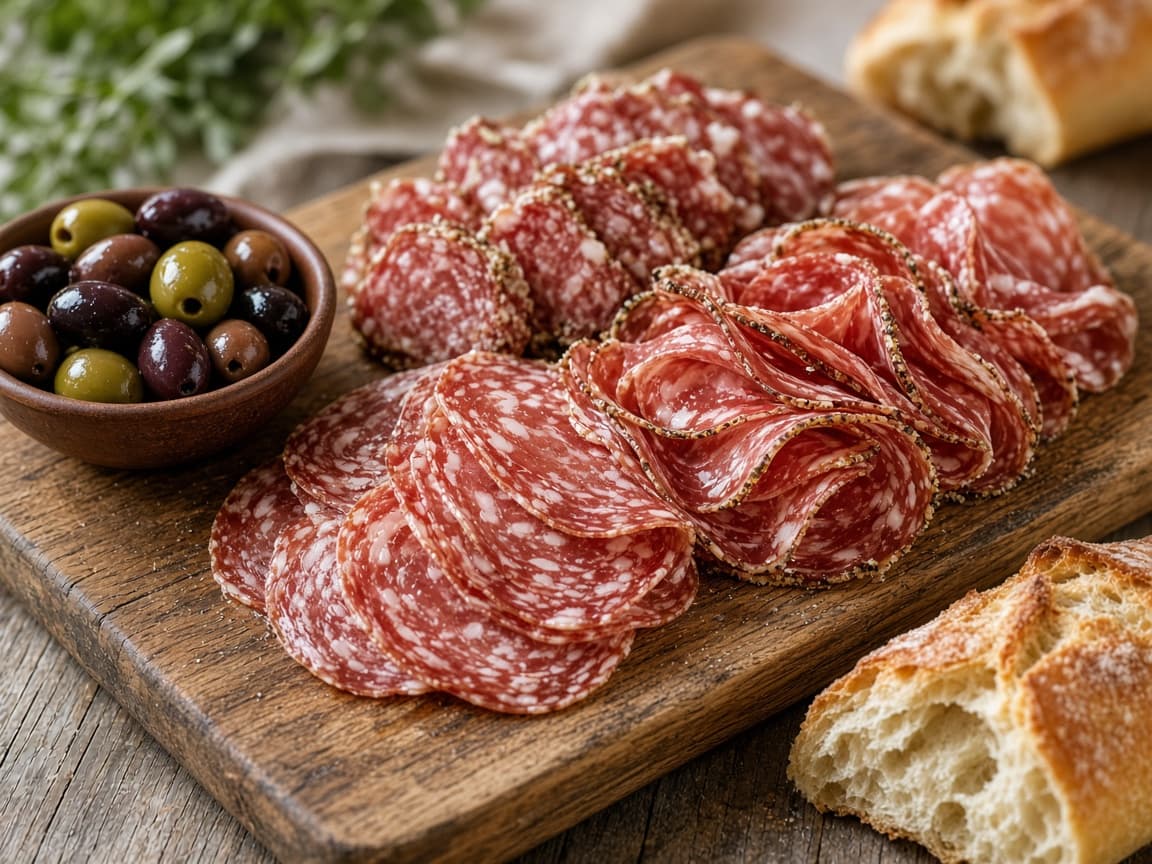 Anretning af napolitansk salami og fennikelsalami på bræt