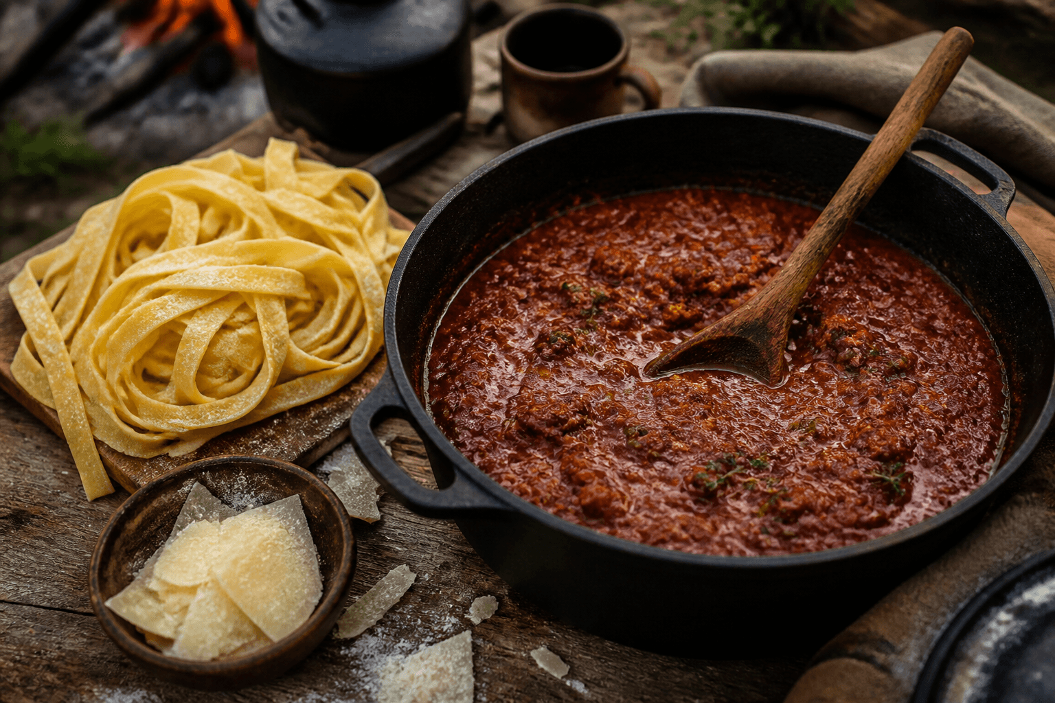 Langtidssimret bål-bolognese i Dutch Oven klar til frisk pasta