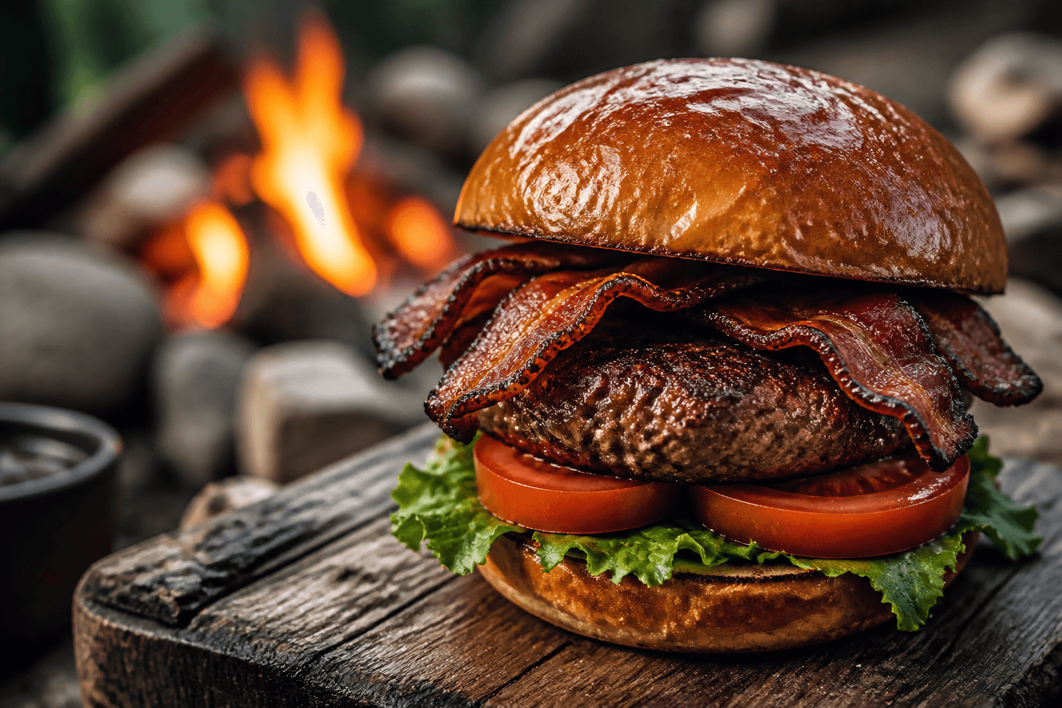 Bål-burgere med røget bacon i briocheboller grillet over flammer