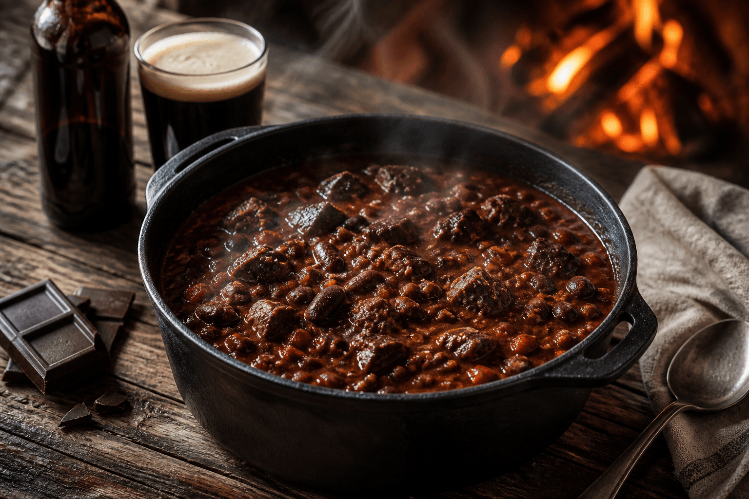 Bål-chili con carne med mørkt øl og chokolade i Dutch Oven over gløder