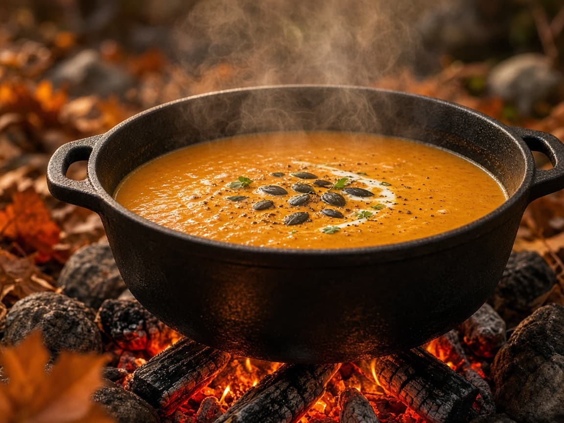 Cremet græskarsuppe i bålgryde med kokos og chili
