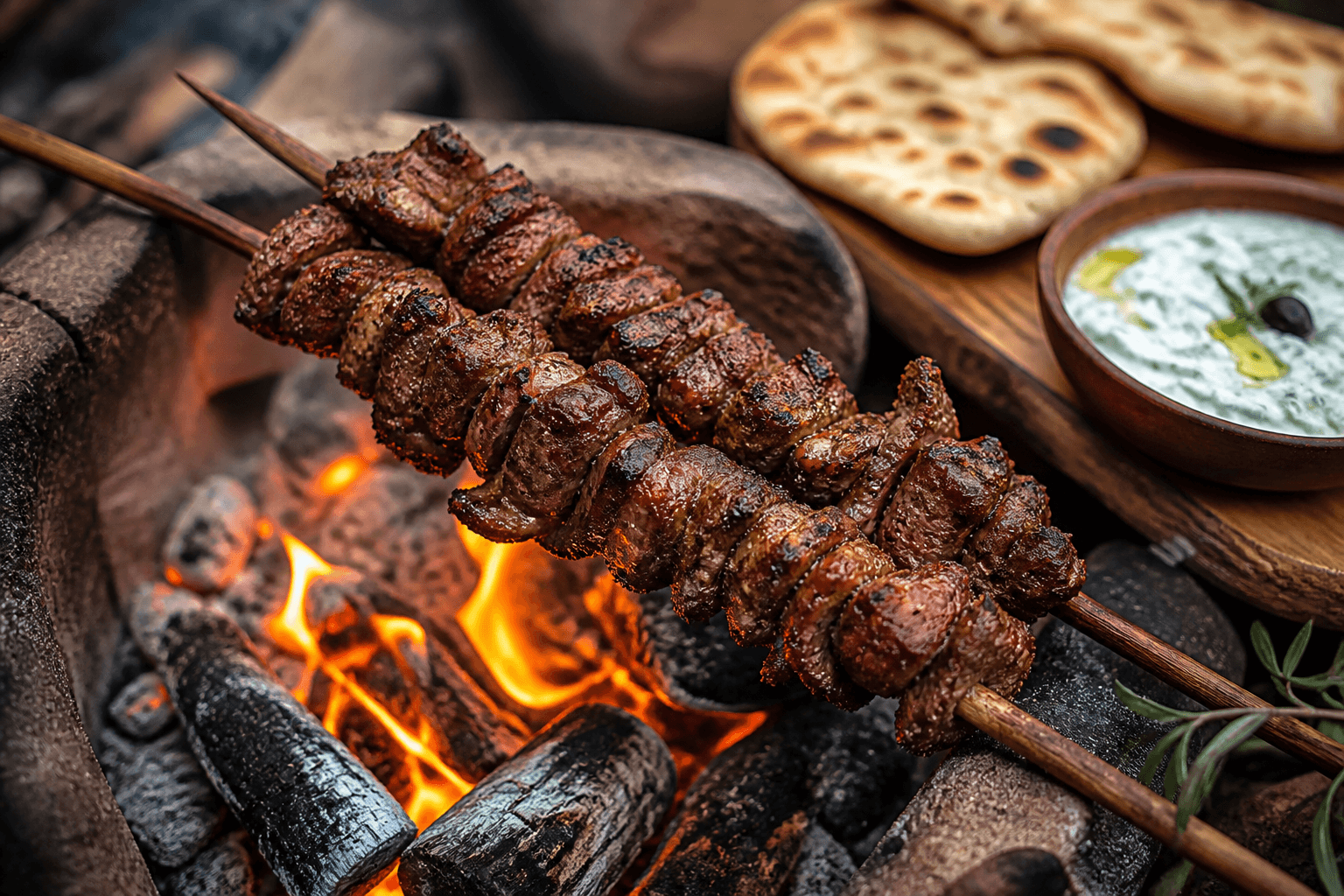 Marineret vildsvin på grene over bål, skåret til gyros med fladbrød