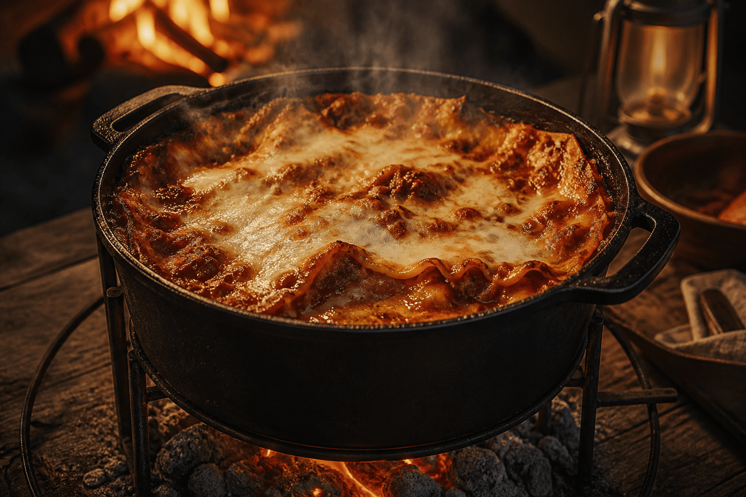 Lasagne bygget i Dutch Oven over bål med boblende ost og sveden kant
