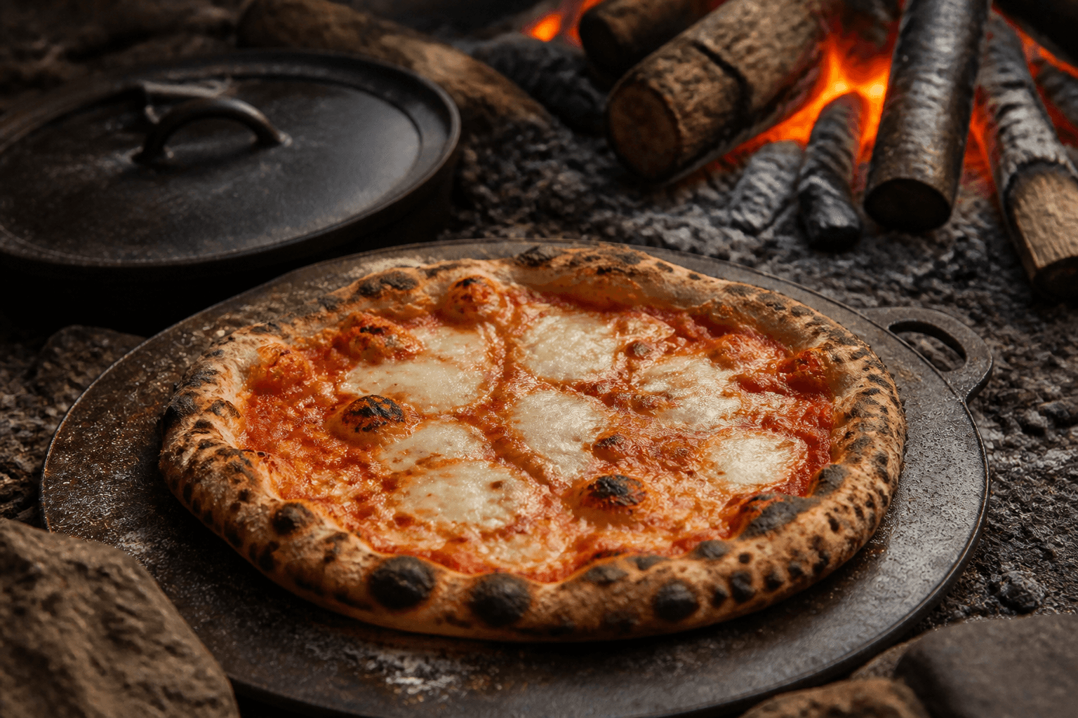 Sprød bål-pizza bagt på bagestål eller i Dutch Oven over gløder