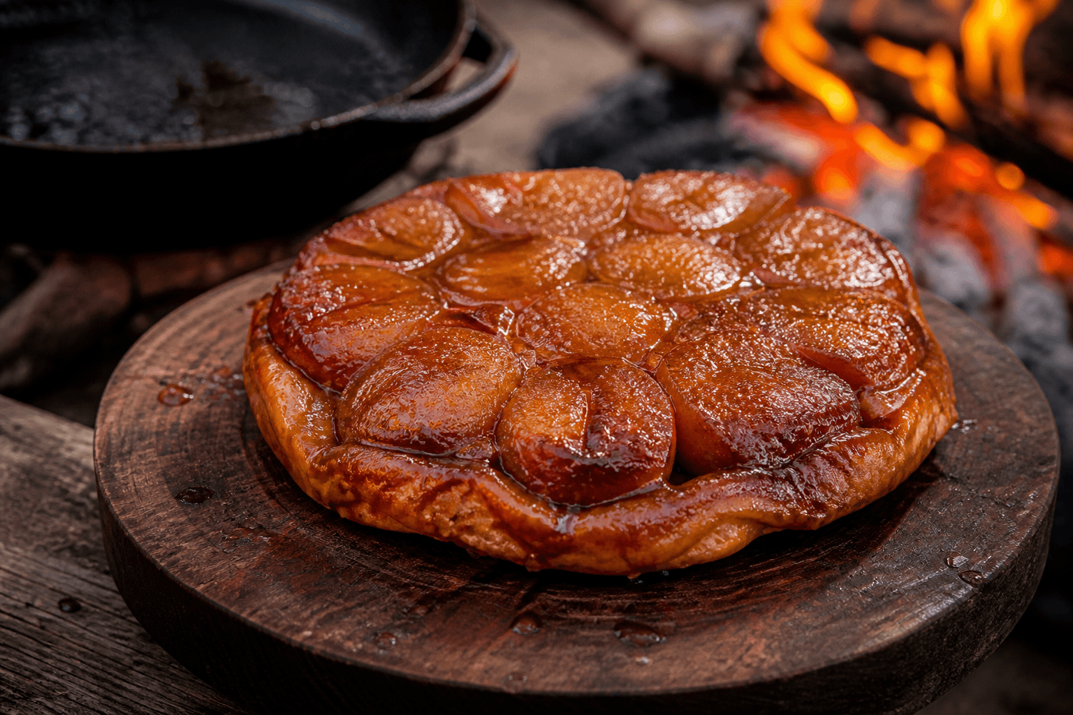 Omvendt æbletarte tatin vendt ud af støbejernspande over bål med karamel