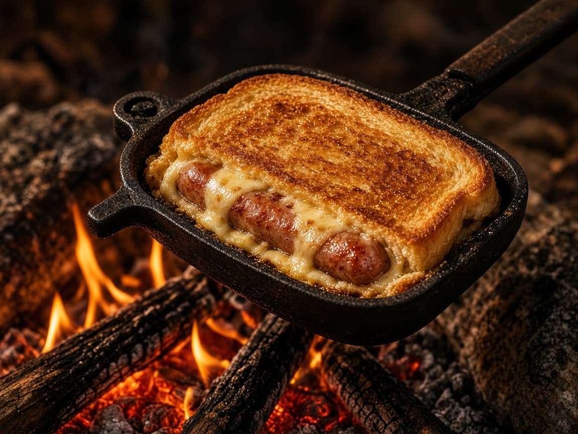 Rullepølse-toast i et toastjern over bål