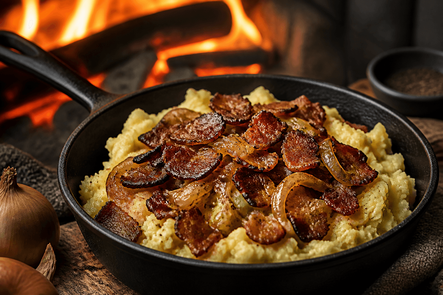 Brændende kærlighed med røget bacon, løg og grov kartoffelmos i støbejern over bål