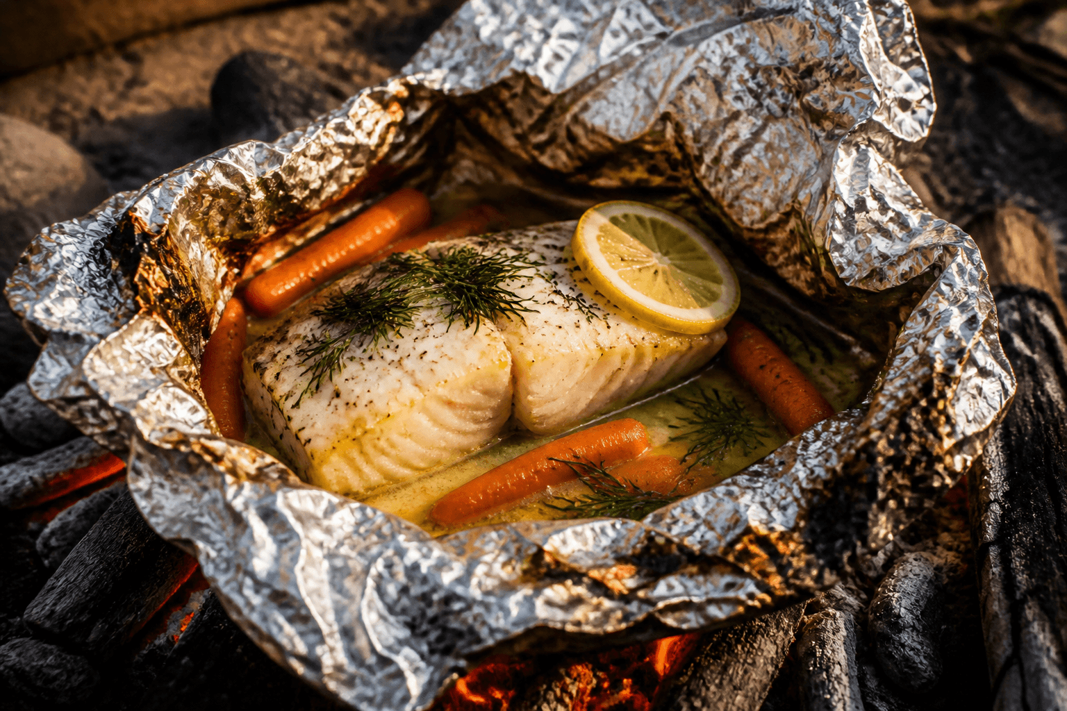 Torskefilet i foliepakke med smør, citron, dild og spæde gulerødder