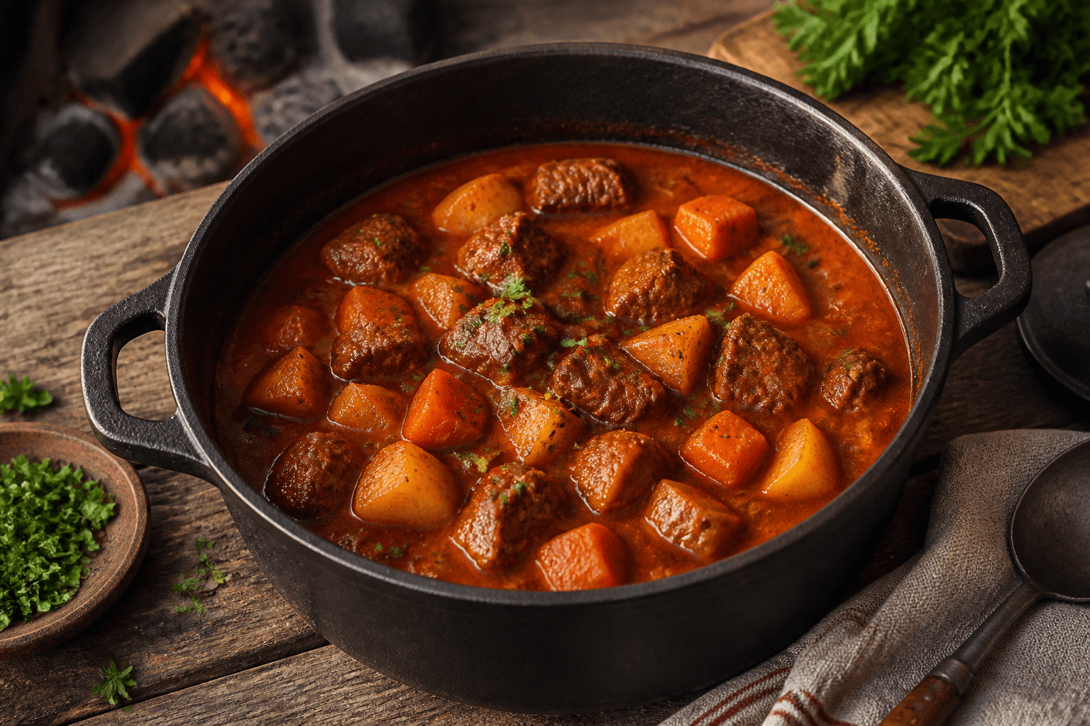 Gullasch med oksekød, rodfrugter og paprika i Dutch Oven over bål