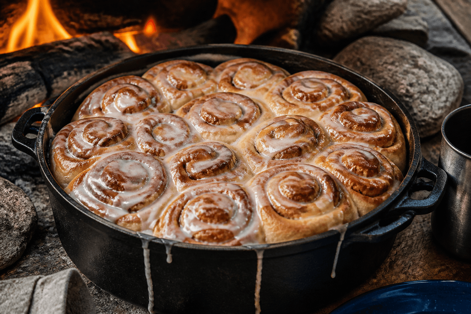 Kanelsnegle bagt tæt som en hel kage i Dutch Oven over bål