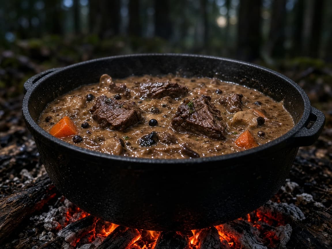 Vildtgryde med enebær og fløde i dutch oven over bål