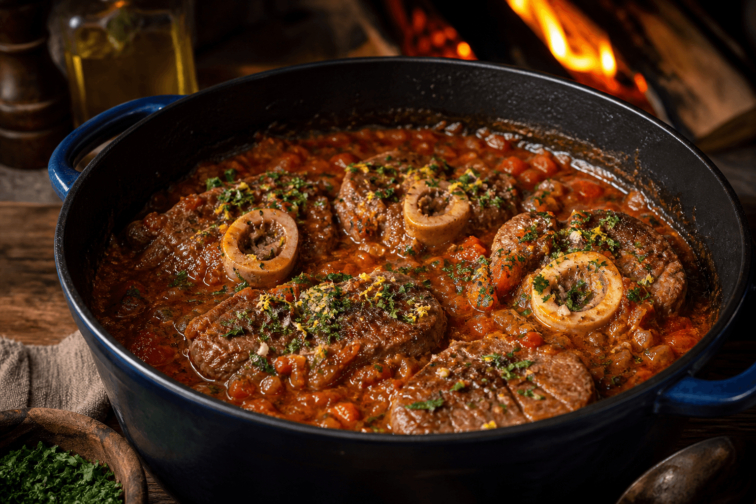 Ossobuco med kalveskanke i hvidvin og tomater i Dutch Oven over gløder